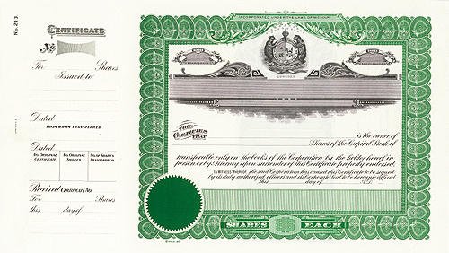 Goes 213 Stock Certificates-Green-15"x8.5"