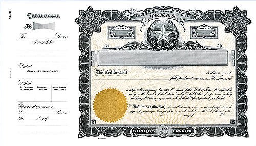 Goes 265 Stock Certificates-15x8.5-Gold/Green-TEXAS