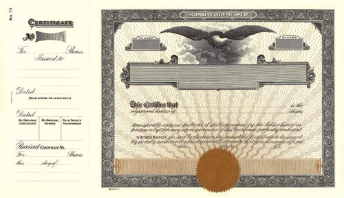 Goes 73 Stock Certificates-GREEN ink backer-15"x8.5" Gold
